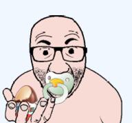 baby caca candy chocolate egg glasses hand holding_object kinderegg looking_at_you low_quality low_resolution pacifier perro_hold soyjak stubble variant:el_perro_rabioso // 200x186 // 21.5KB