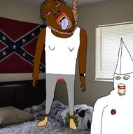 2soyjaks arm bed black_skin bloodshot_eyes cloak clothes confederate crying dead flag full_body glasses hand hanging hat irl_background kkk leg lynching mustache open_mouth rope shoe sleeveless_shirt smile soyjak stubble tongue variant:bernd variant:markiplier_soyjak watch white_skin yellow_teeth // 988x1000 // 575.2KB