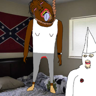 2soyjaks arm bed black_skin bloodshot_eyes cloak clothes confederate crying dead flag full_body glasses hand hanging hat irl_background kkk leg lynching mustache open_mouth rope shoe sleeveless_shirt smile soyjak stubble tongue variant:bernd variant:markiplier_soyjak watch white_skin yellow_teeth // 988x1000 // 575.2KB