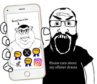 award balding beard closed_mouth clothes ear fat forehead_lines glasses gynaecomastia hair hand holding_object instagram lips logo looking_at_you open_mouth phone showing_something soyjak subvariant:branigger subvariant:science_lover text tiktok tshirt variant:brandon variant:markiplier_soyjak white_background xitter
