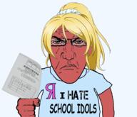 angry anime arm ayase_eli blond closed_mouth clothes ear fist glasses hair hand holding_object i_hate love_live paper punisher_face red_skin soyjak subvariant:science_lover text tshirt variant:markiplier_soyjak yellow_hair // 1224x1050 // 750.2KB