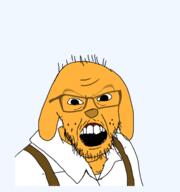 clothes dog ear glasses janny mustache open_mouth soyjak stubble variant:feraljak yellow // 600x641 // 89.5KB