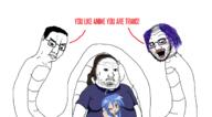anime blush brown_hair choker clothes crazed fat glasses hair horseshoe_theory izumi_konata lucky_star makeup neckbeard open_mouth purple_hair snake soyjak stubble subvariant:crazed_troonjak subvariant:soyak_(crazed) text tranny tshirt variant:chudjak variant:soyak variant:wojak // 1305x718 // 379.1KB