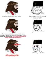 beard brown_hair christian_cross christianity clothes concerned crying glasses hat jesus red_eyes smile teeth text variant:soyak // 2458x2996 // 247.7KB