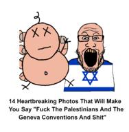 arm baby clothes country dead flag glasses hand holding_object israel open_mouth stubble subvariant:phoneplier text variant:markiplier_soyjak white_skin // 1416x1447 // 370.0KB