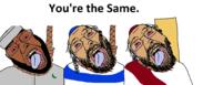 3soyjaks beard bloodshot_eyes brown_skin christianity clothes crucifixion glasses hair hat islam judaism kippah open_mouth rope soyjak stubble taqiyah text variant:bernd you're_the_same // 1994x804 // 494.1KB