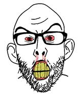 angry bloodshot_eyes ear glasses soyjak stubble thick_eyebrows variant:nojak yellow_teeth // 443x523 // 21.2KB