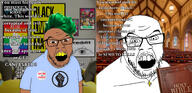 2soyjaks bible black_lives_matter brown_skin christianity church cross gay_flag glasses irl_background leftist lgbt meta:tagme necklace open_mouth raised_fist_(symbol) reddit religion rick_and_morty soyjak stubble text tranny variant:feraljak // 3206x1553 // 1.3MB