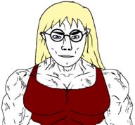 arm aryan blue_eyes buff chud closed_mouth clothes ear female glasses hair long_hair series:foidjaks subvariant:chudjak_front subvariant:female_chudjak subvariant:muscular_chud variant:chudjak vein yellow_hair // 1034x958 // 40.6KB