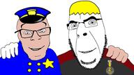 2soyjaks badge buttons clothes friendship glasses hand hat no_more_brother_wars smile soyjak_party soyteen stubble utubetrollspolice variant:cobson variant:feraljak yellow_hair // 1920x1080 // 339.6KB