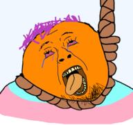 ack annoying_orange bloodshot_eyes crying dead flag flag:transgender_pride_flag hanging objectsoy open_mouth orange_(fruit) orange_skin orange_tongue purple_hair rope soyjak stubble tranny variant:bernd yellow_teeth // 771x723 // 197.9KB