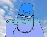 background bald black_glasses blue_skin blue_sky calm closed_eyes closed_mouth cloud evil eyeglasses eyes fist full_head mouth nose sky smile stubble syndrome_(the_incredibles) the_incredibles variant:syndromejak // 557x446 // 82.7KB
