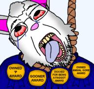 ack animal artist:crimsonvoidhydra1488 award beard bloodshot_eyes blue_hoodie discord_drama faggot furfag glasses gooner hanging hoodie kenny_the_rabbit_studios open_mouth pedophile rabbit rabbit_ears rope text variant:bernd white_skin // 768x719 // 180.2KB