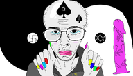 closed_mouth clothes dildo eyeliner glasses hand hands_up licking_lips looking_at_you mcdonalds painted_nails penis piercing queen_of_spades spade star_of_david stubble swastika tongue_out variant:unknown // 1649x955 // 133.9KB
