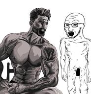 buff censored chair closed_mouth gigachad glasses hair naked open_mouth redraw sitting soyjak stubble underpants variant:soyak // 570x593 // 64.7KB