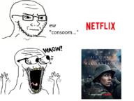 aem all_quiet_on_the_western_front closed_mouth concerned frown glasses hand hands_up movie netflix open_mouth place_japan soyjak stubble subvariant:waow tongue variant:soyak waow yellow_teeth // 800x600 // 302.5KB