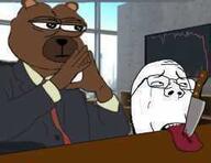 bear blood bobo clothes cryptocurrency drawn_background glasses knife meta:low_resolution necktie open_mouth sad soyjak stubble subvariant:wholesome_soyjak suit tongue variant:gapejak // 250x193 // 6.1KB