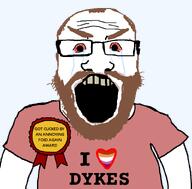 award bloodshot_eyes clothes crying cuck cuckold flag:lesbian_pride_flag lesbian red_hair red_shirt rotten_teeth subvariant:science_lover text variant:markiplier_soyjak // 800x789 // 22.0KB