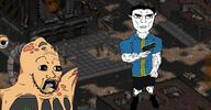 Fallout_1 albert_cole_(fallout) artist:sabiopajin ear eyes fallout glasses jawline muscles mutant pistol stubble subvariant:doctos subvariant:unbotheredchud the_master_(fallout) the_vault_dweller_(fallout) user=sabiopajin variant:chudjak variant:soyak vault_dweller vault_suit vein // 1745x908 // 2.5MB