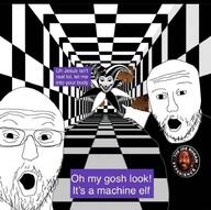 2soyjaks arm clothes glasses hand joe_rogan open_mouth soyjak stubble text tshirt variant:two_pointing_soyjaks // 940x936 // 644.0KB