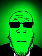 closed_mouth clothes glasses glowing green_skin neutral soyjak stubble subvariant:neutralplier suit sunglasses trend:glowie variant:markiplier_soyjak // 600x800 // 173.6KB