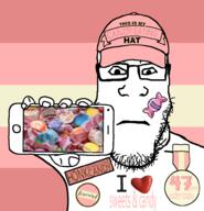 arm badge baseball_cap candy closed_mouth clothes facial_mark food hand hat holding_object holding_phone i_love iphone neutral phone soyjak sticker subvariant:neutralplier subvariant:phoneplier subvariant:phoneplier_horizontal sweets tattoo tshirt variant:markiplier_soyjak // 946x981 // 346.2KB