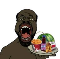 arm balding beard black_skin bottle bowtie bucket chicken clothes colonel_sanders ear food glasses hair holding_object holding_plate kfc kool-aid logo looking_at_you merge open_mouth plant plate present smile snow snowflake soyjak suit teeth text tongue tree variant:nigjak variant:platejak watermelon // 5464x5400 // 13.9MB