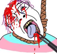 blood bloodshot_eyes brains flag:transgender_pride_flag glasses gore gun hanged hanging noose open_mouth purple_hair rope soyjak stubble suicide tongue tranny variant:bernd yellow_teeth // 768x718 // 163.4KB