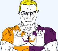 aberdeenshire arm aryan blue_eyes british buff castle closed_mouth clothes crown ear flag flag:aberdeenshire glasses hair scotland soyjak subvariant:chudjak_front subvariant:muscular_chud tshirt united_kingdom variant:chudjak vein yellow_hair // 1059x929 // 98.0KB