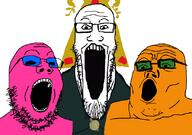 3soyjaks angeleno black_eyes clothes doll_(user) froot glasses onion open_mouth orange_skin pink_skin robe soyjak soyjak_party soyumvirate stubble thrembo trend:soyjak_trio variant:gapejak variant:markiplier_soyjak variant:tony_soprano_soyjak // 828x581 // 36.3KB