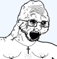 1940-1960 cross glasses nipple open_mouth schizo soyjak stubble variant:soyak // 245x255 // 58.5KB