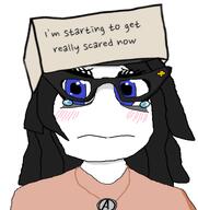 clothes crying distorted glasses hair hand hat holding_object i'm_starting_to_get_really_scared_now meta:tagme oh_my_god_she_is_so_attractive scared serious_hat variant:soytan // 724x768 // 216.5KB