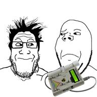 2soyjaks are_you_soying_what_im_soying concerned frown glasses hair holding_object nuclear stubble two_soyjaks variant:gapejak // 500x500 // 160.6KB