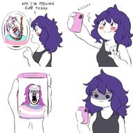 blue_hair clothes comic glasses hanging long_hair makeup mustache open_mouth phone purple_hair rope soyjak stubble tongue tranny tranny_artstyle variant:a24_slowburn_soyjak variant:bernd yellow_teeth // 875x871 // 120.2KB