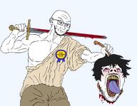 2soyjaks ack award badge bald beheaded blood blood_drip blood_from_neck bloodshot_eyes blush buff classical_art_parody closed_mouth clothes cross crying david_and_goliath dead ear eyebrows frown gape glasses gore hair head holding_object holding_rope looking_at_each_other looking_down looking_up messy_hair muscles mustache nas:twink nose open_mouth robe rope rotten_teeth soul sovl soyjak soywojaks stain stubble sword tahoma_font tear teeth teeth_showing tongue tongue_out variant:bernd variant:isaac variant:soyak weapon wrinkles yellow_teeth // 2400x1862 // 203.1KB