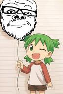 4chan anime balloon green_eyes green_hair hair happy meta:ai_generated open_mouth smile soyjak variant:a24_slowburn_soyjak wink yotsoyba // 1024x1536 // 137.2KB