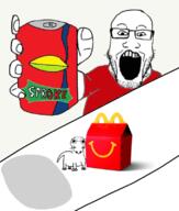 2soyjaks animal arm can clothes dog glasses hand happy_meal holding_object holding_sproke mcdonalds open_mouth soyjak sproke stubble tshirt variant:dogjak variant:markiplier_soyjak // 684x806 // 288.2KB