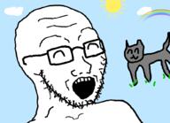 animal cat cloud drawn_background glasses grass happy open_mouth rainbow smile soyjak stubble sun variant:soyak // 1022x740 // 117.6KB