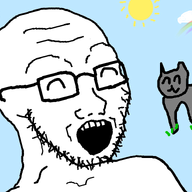 animal cat cloud drawn_background glasses grass happy open_mouth rainbow smile soyjak stubble sun variant:soyak // 1022x740 // 117.6KB