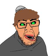 amerimutt black_sclera brown_hair clothes glasses green_eyes grey_teeth hair hat joe_mama joel_(user) judaism kike kippah milei open_mouth orange_skin soyjak stubble thick_eyebrows variant:feraljak // 1500x1500 // 84.9KB