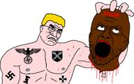arm blood blue_eyes brown_skin buff closed_mouth dead ear facial_mark forehead_mark frown god_of_war gore holding_object holding_severed_head iron_cross merge nigger nipple open_mouth reichsadler soyjak stubble subvariant:kratos_chudjak swastika trend:aryan variant:cobson yellow_hair // 1597x1006 // 129.4KB