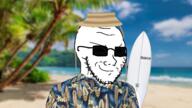 beach clothes flower glasses hat hawaiian_shirt irl_background palm_tree plant sea sky smile smug straw_hat stubble sunglasses surf surf_board surfing tree variant:soyak // 1920x1080 // 2.0MB