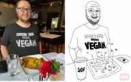 arm clothes drawing drink fat glasses half_open_mouth irl irl_background irl_soy laughing mobile poop soyjak stubble table text tshirt variant:nowy-soyjak // 600x376 // 292.1KB
