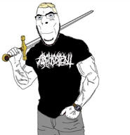 1488 arghoslent aryan blue_eyes buff closed_mouth clothes glasses hair holding_object holding_sword metal_(music) smile soyjak stubble variant:cobson wristwatch yellow_hair // 828x858 // 87.8KB