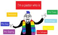 blue_hair christianity cross drugs feminist gay glasses open_mouth pastor pedophile priest rainbow rainbow_flag refugees_welcome religion soyjak stubble tiktok tranny variant:bernd // 800x491 // 187.1KB