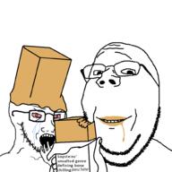 2soyjaks arm bloodshot_eyes crying food foodjak glasses hand holding_object open_mouth peanut_butter smile soyjak stubble subvariant:wholesome_soyjak text variant:gapejak variant:soyak // 1000x1000 // 79.0KB