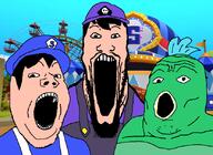 3soyjaks beard castle clothes hat open_mouth overalls smg4 soyjak trend:soyjak_trio variant:gapejak variant:markiplier_soyjak variant:tony_soprano_soyjak youtube // 828x603 // 208.6KB