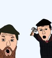 2soyjaks beard brown_beard brown_eyebrows brown_hair clothes glasses hammer hat holding_object martin_luther open_mouth protestant soyjak variant:two_pointing_soyjaks white_skin // 720x806 // 232.7KB