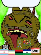 animal autism black_lives_matter bloodshot_eyes brap brown_skin cat coexist esl flag:african_pride flag:argentina flag:lesotho flag:map flag:transgender_pride_flag garf_(user) garf_the_shitskin_hybrid_cat hanging hello_my_name_is_(sticker) male_feminist meta:namefags open_mouth slopjak speech_bubble unibrow variant:impish_soyak_ears // 598x800 // 264.4KB