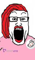 clothes female feminist glasses hair open_mouth r_196 red_hair reddit redditard resetera reseterasshole sjw soyjak subvariant:female_markiplier variant:markiplier_soyjak // 494x837 // 322.3KB